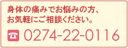 身体の痛みでお悩みの方、お気軽にご相談ください。電話番号:0274-22-0116 身体の痛みでお悩みの方、お気軽にご相談ください。電話番号:0274-22-0116